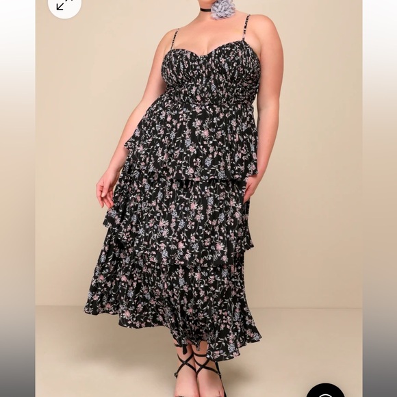Lulus Cascading Crush Black Floral Print Tiered Bustier Midi Dress BNWT - Picture 2 of 13